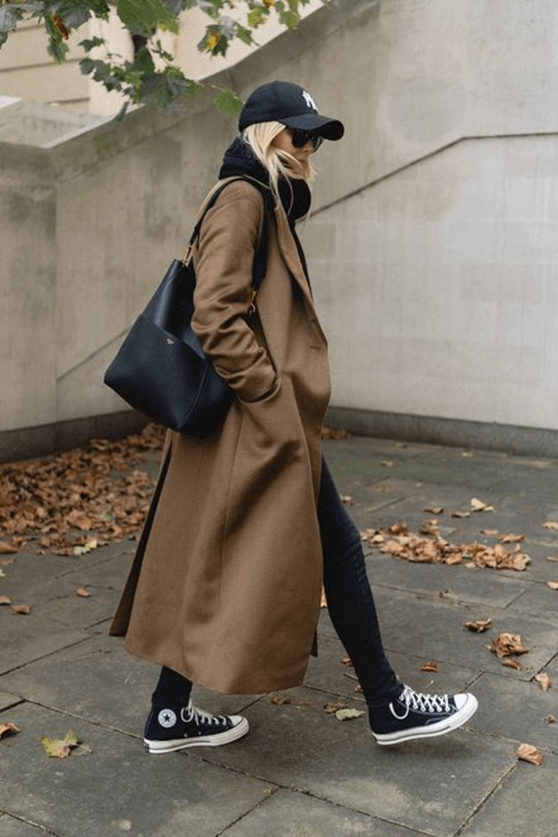 Long Brown Wool Coat Over Black Hoodie and Slim Pants Long Brown Wool Coat Over Black Hoodie and Slim Pants — Chic Femme Outfit
