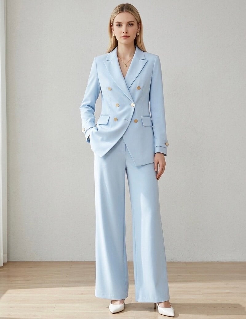 Light Blue Monochromatic Pantsuit with Double-Breasted Blazer Light Blue Monochromatic Pantsuit with Double-Breasted Blazer — Chic Femme Outfit