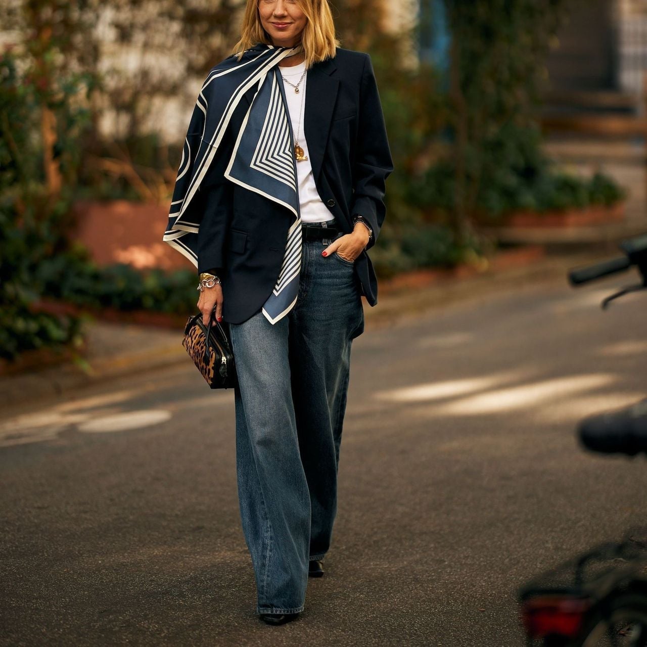 Navy Blazer with Wide-Leg Jeans and Patterned Scarf Navy Blazer with Wide-Leg Jeans and Patterned Scarf — Chic Femme Outfit