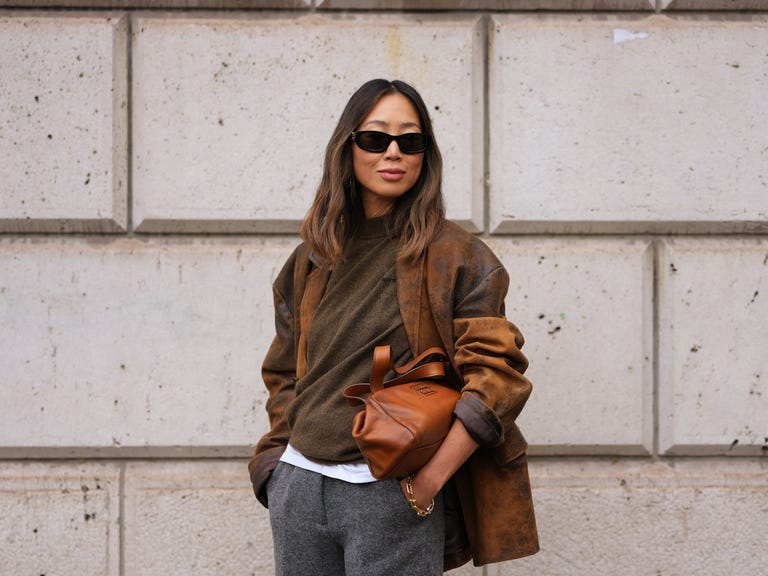 Brown Textured Jacket with Olive Knit and Gray Wool Trousers Brown Textured Jacket with Olive Knit and Gray Wool Trousers — Chic Femme Outfit