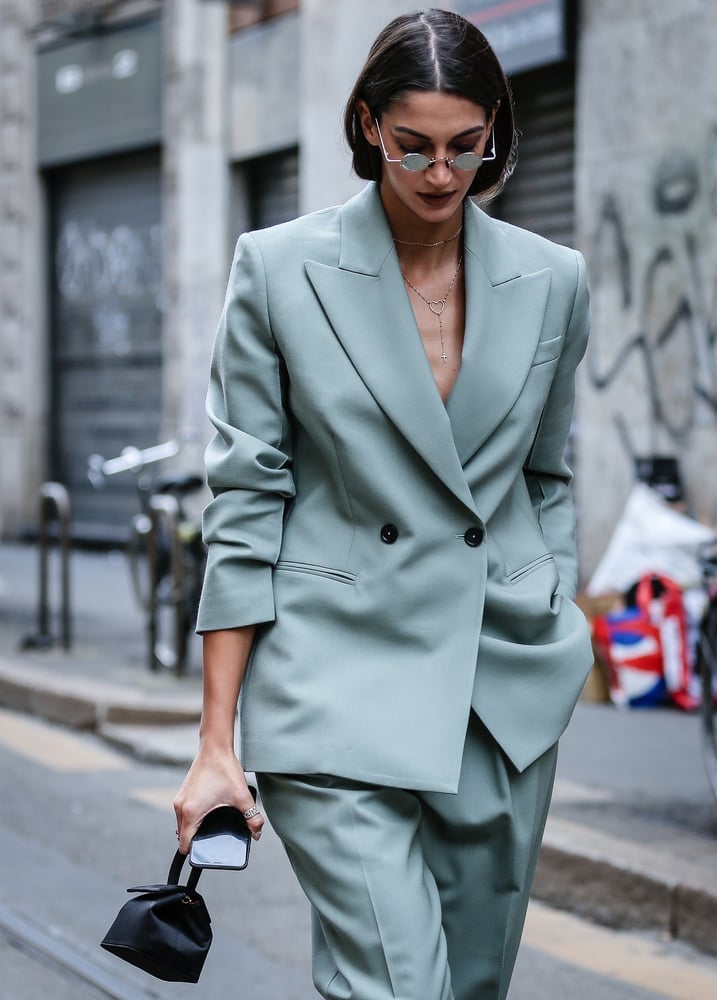 Pale Blue Satin Suit with Double-Breasted Jacket Pale Blue Satin Suit with Double-Breasted Jacket — Chic Femme Outfit