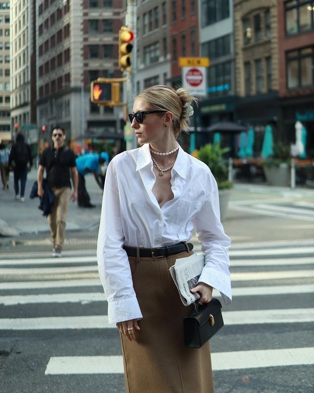 White Oversized Shirt with Brown Midi Skirt — Chic Style Inspo