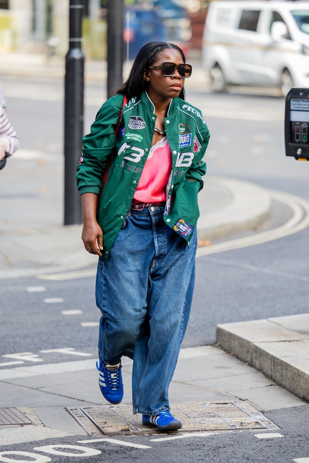 Green Racing Jacket Over Pink Camisole — Chic Style Inspo