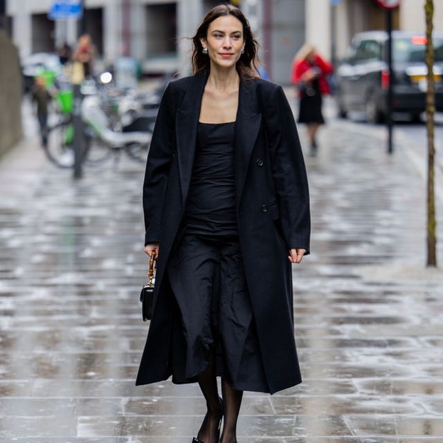 Long Black Wool Coat Over Ruched Dress — Chic Style Inspo