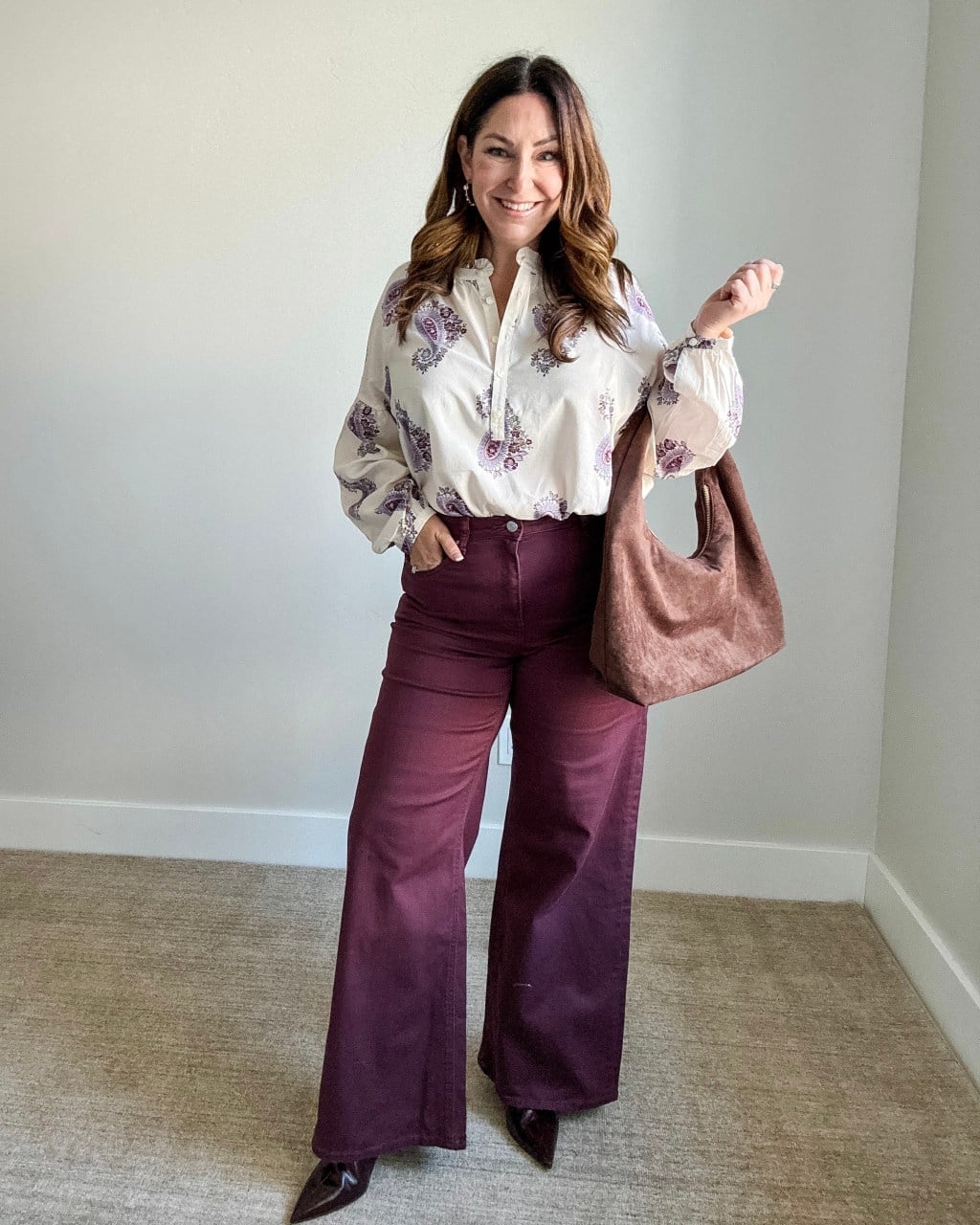 Paisley Blouse with Burgundy Corduroy Trousers — Chic Style Inspo