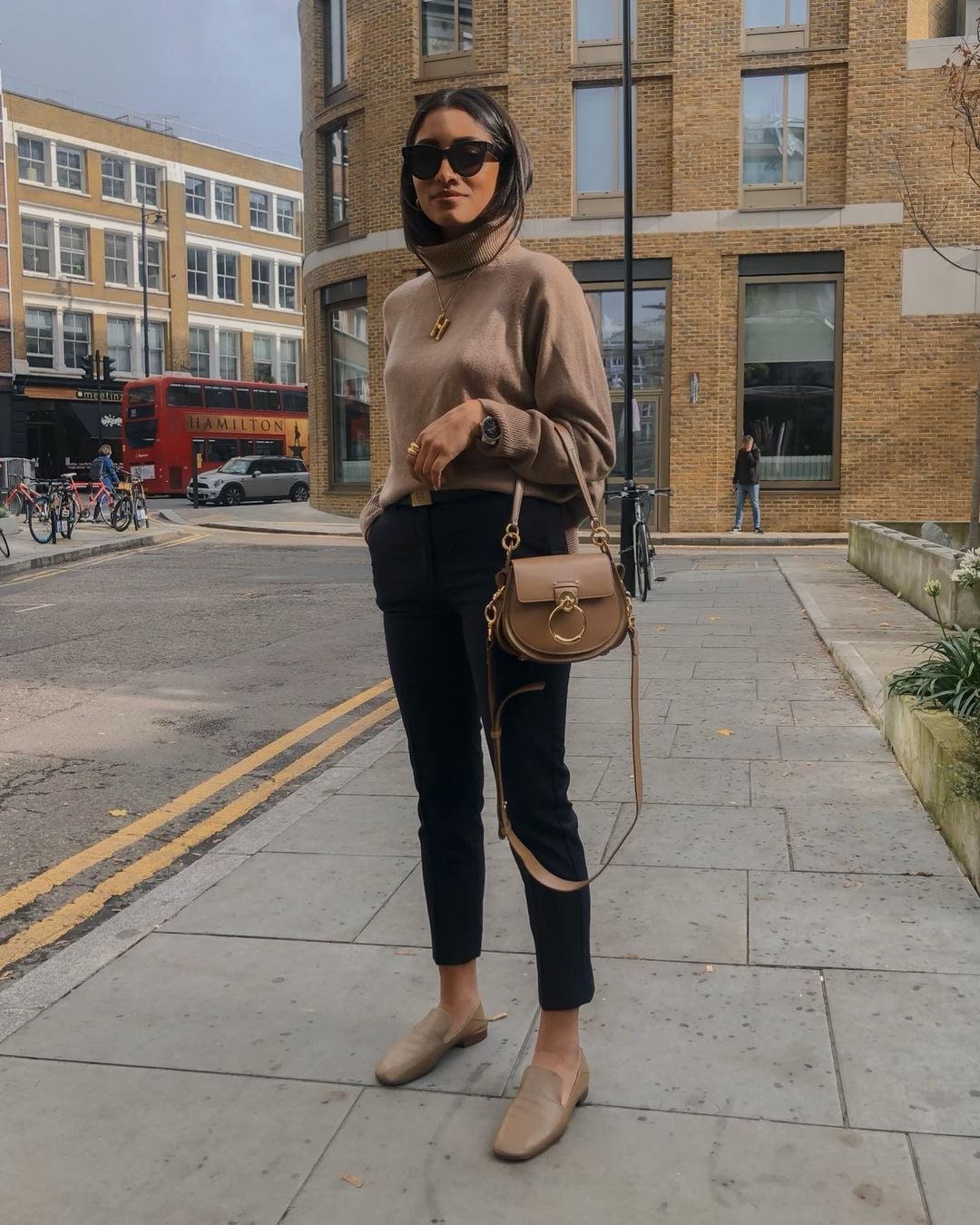 Camel Turtleneck with Black Trousers — Chic Style Inspo