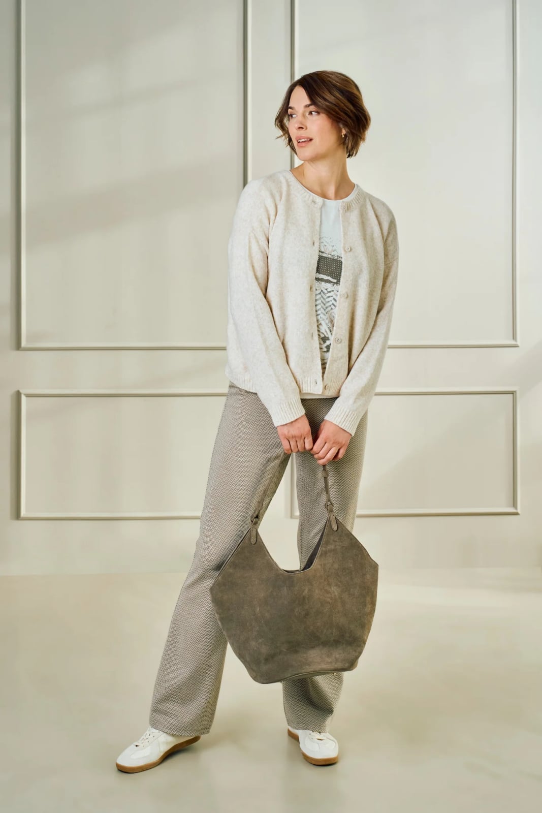 Cream Cardigan Over Printed Tee with Gray Trousers — Chic Style Inspo