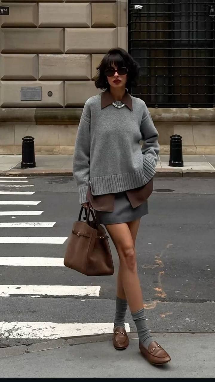 Gray Sweater and Mini Skirt with Layered Collar — Chic Style Inspo