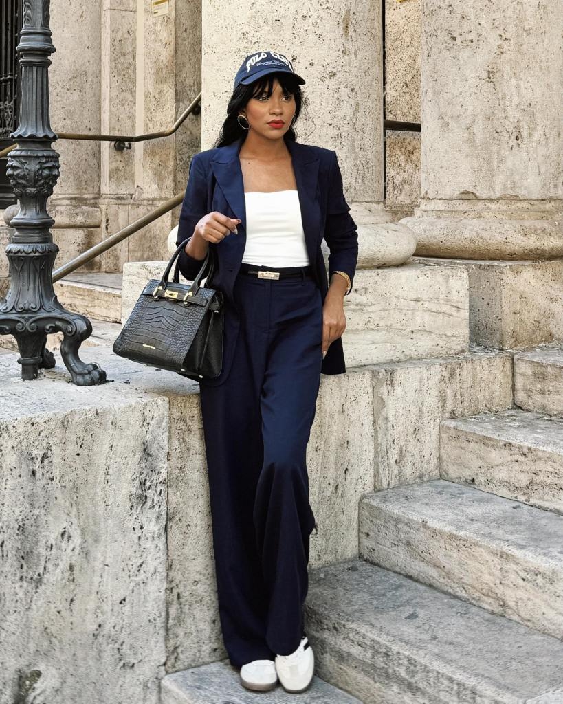 Navy Suit with Bandeau Top and Sneakers — Chic Style Inspo