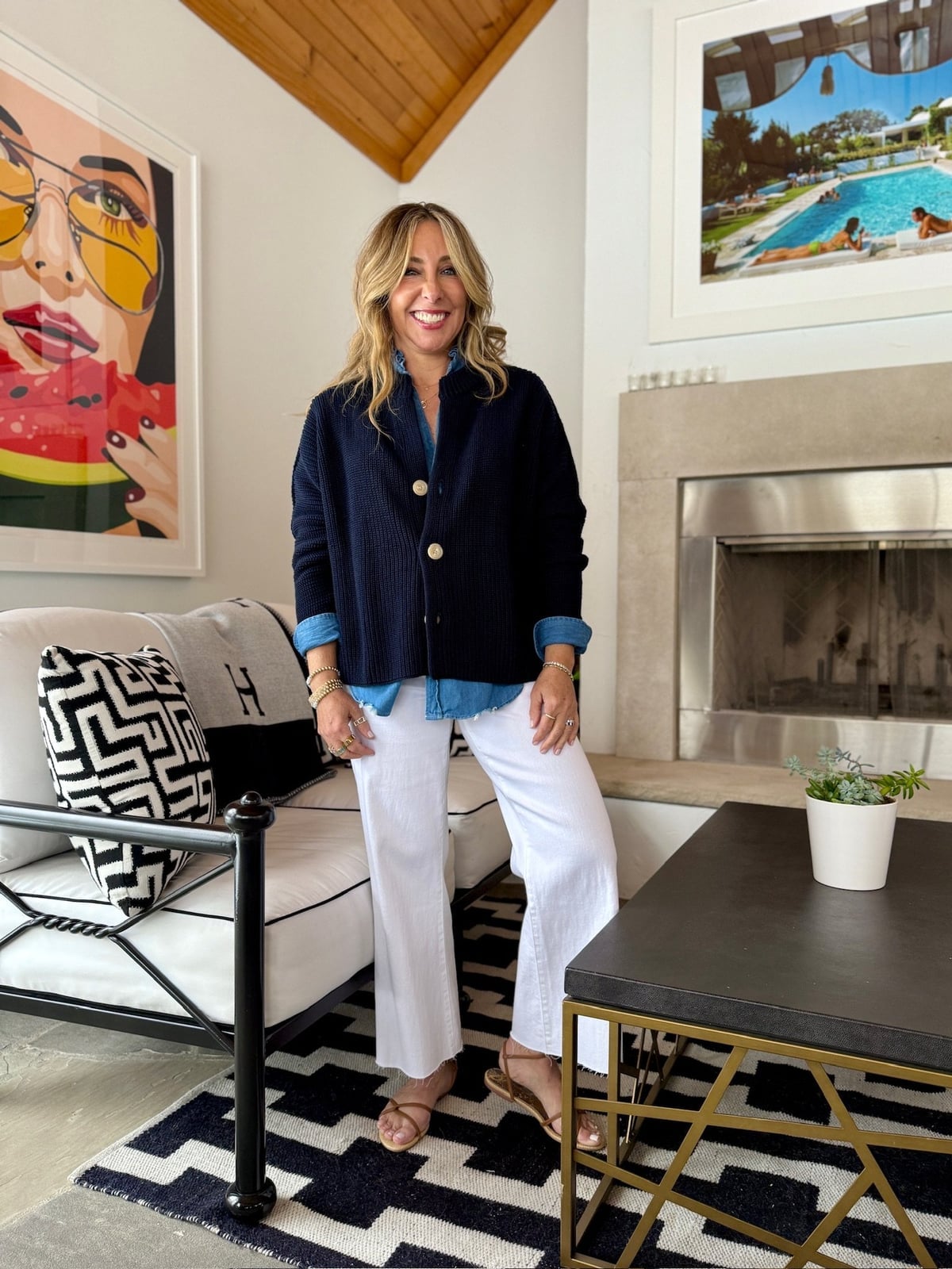 Denim Shirt with White Jeans and Navy Cardigan — Chic Style Inspo