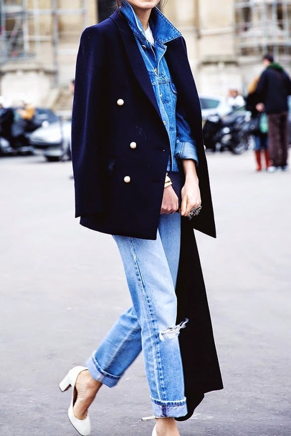Denim Shirt with Cape Blazer and Ripped Jeans — Chic Style Inspo