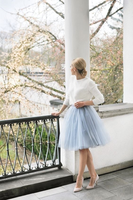 White Sweater with Powder Blue Tulle Skirt — Chic Style Inspo