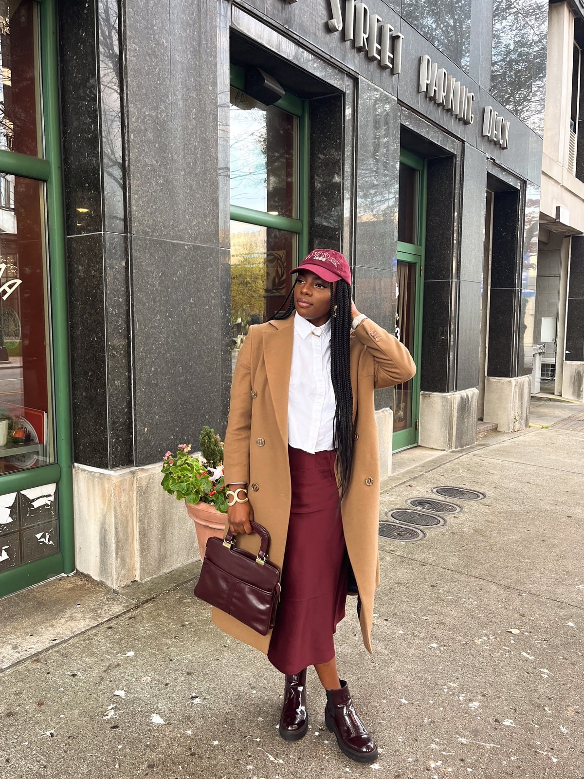 Camel Coat with Burgundy Satin Skirt — Chic Style Inspo