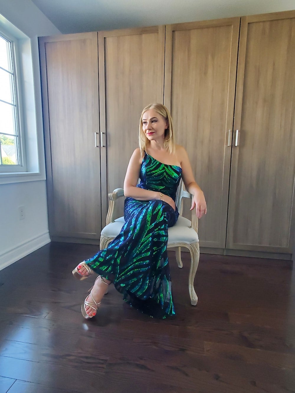Green and Blue Sequined One-Shoulder Gown — Chic Style Inspo