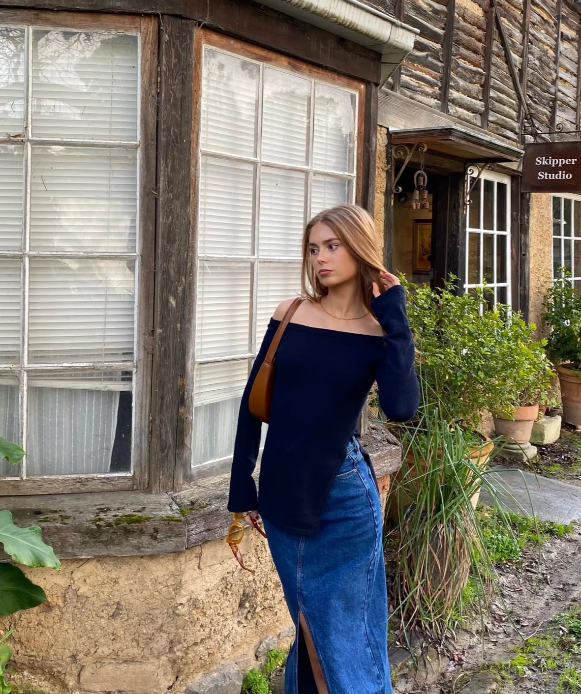 Navy Off-Shoulder Top with Denim Maxi Skirt — Chic Style Inspo