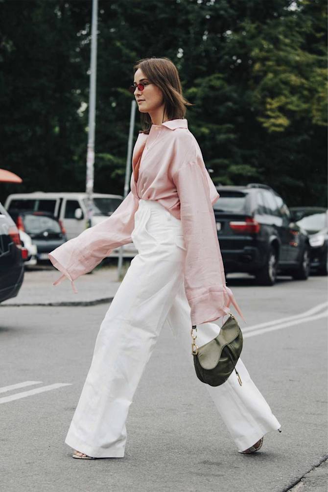 Oversized Pink Shirt with White Wide-Leg Trousers — Chic Style Inspo