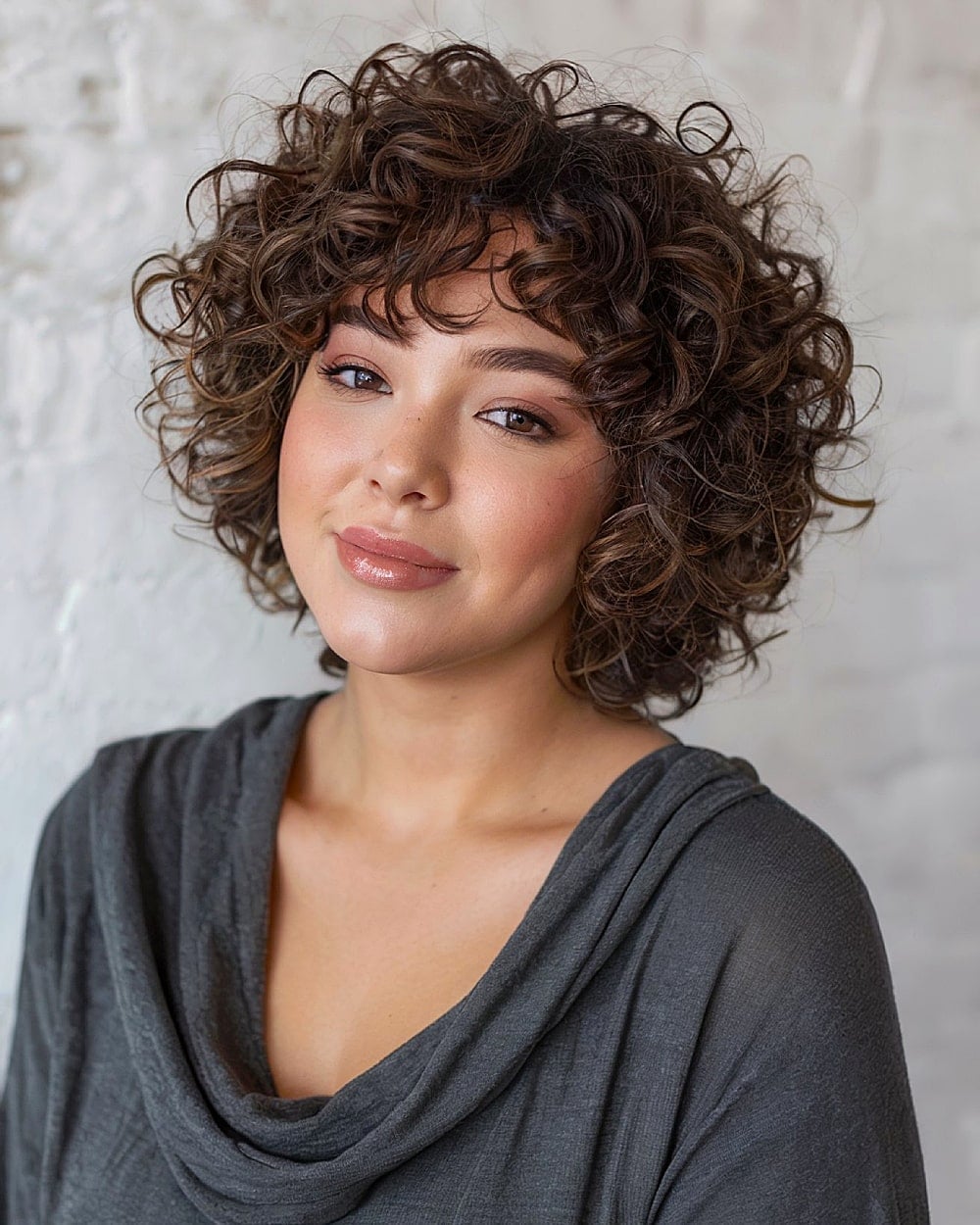 Chin Length Layered With Curtain Bangs, Curly Chin Length Layered With Curtain Bangs, Curly — Classy 3b Hair