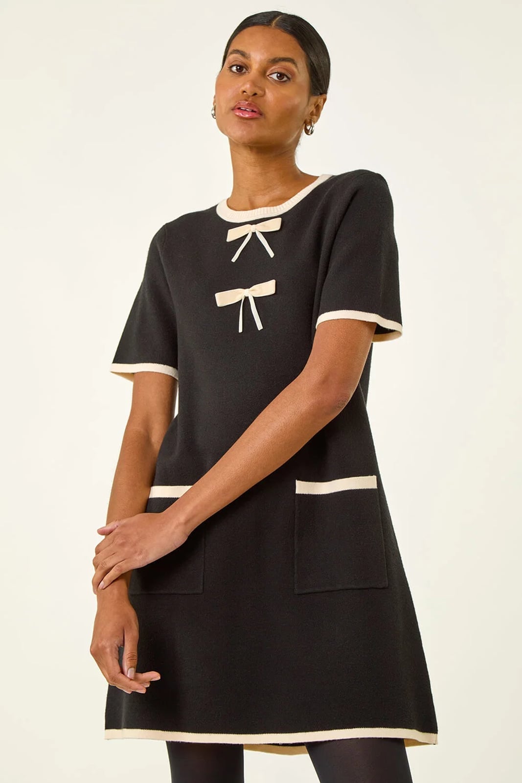 Black Knit Shift Dress with Cream Trim and Bows Black Knit Shift Dress with Cream Trim and Bows — Classy 60s Outfits