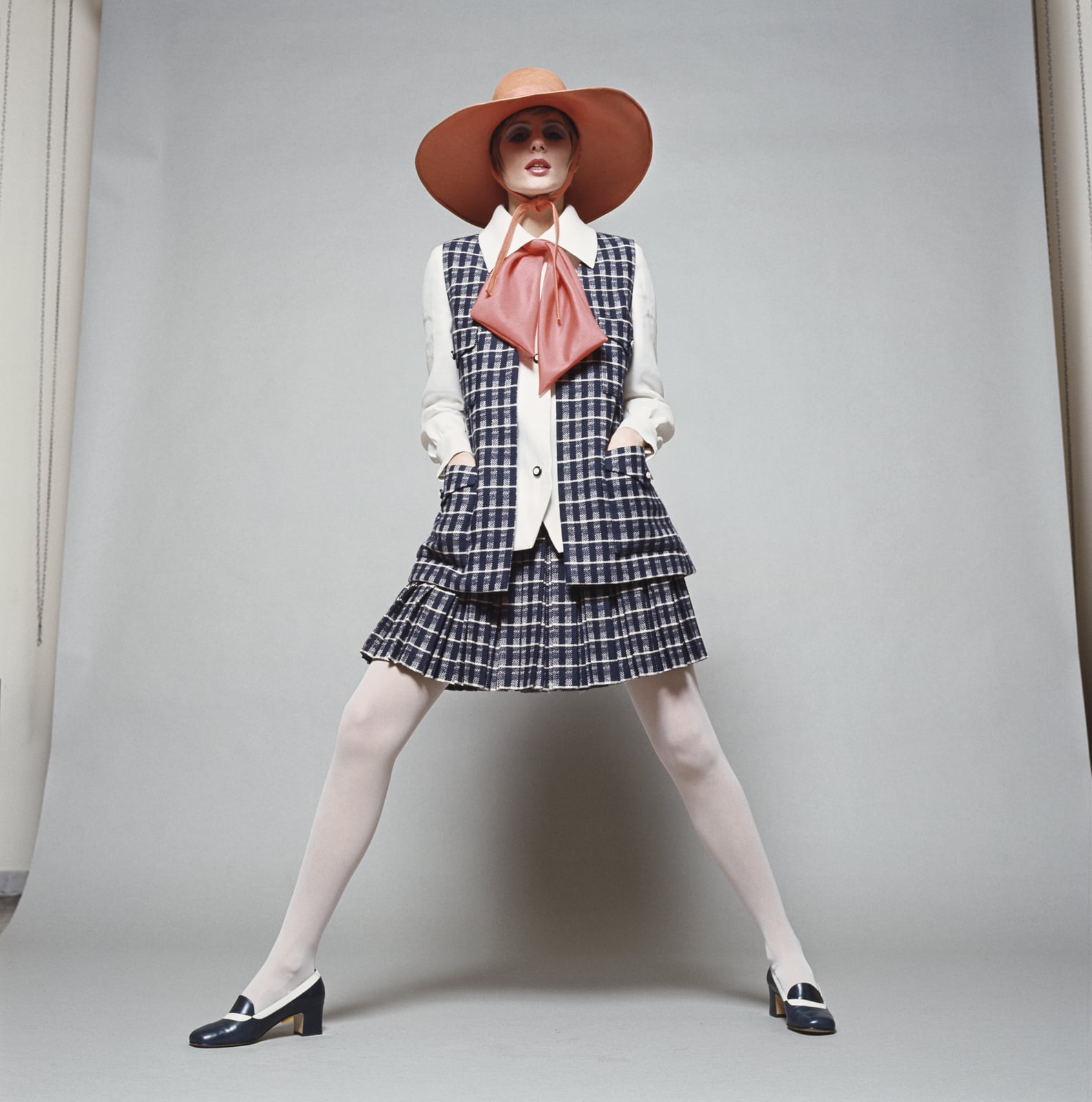 Navy and White Plaid Mini Skirt Suit with Pink Scarf Navy and White Plaid Mini Skirt Suit with Pink Scarf — Classy 60s Outfits