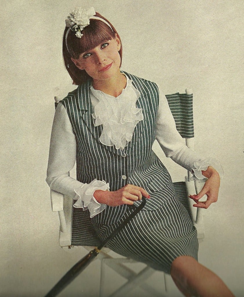Green and White Striped Vest Over Ruffled Blouse Green and White Striped Vest Over Ruffled Blouse — Classy 60s Outfits