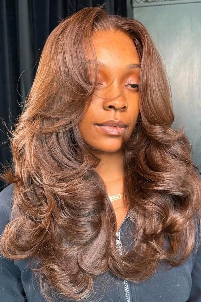 Mid-Back Chestnut Brown With Curtain Bangs Mid-Back Chestnut Brown With Curtain Bangs — Classy 90s Blowout Hair