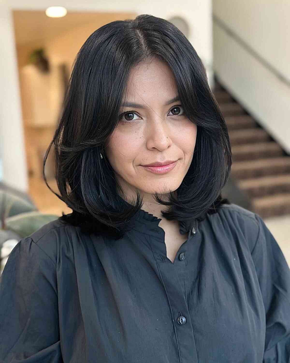 Dark Brown Lob With Soft Curtain Bangs Dark Brown Lob With Soft Curtain Bangs — Classy 90s Blowout Hair