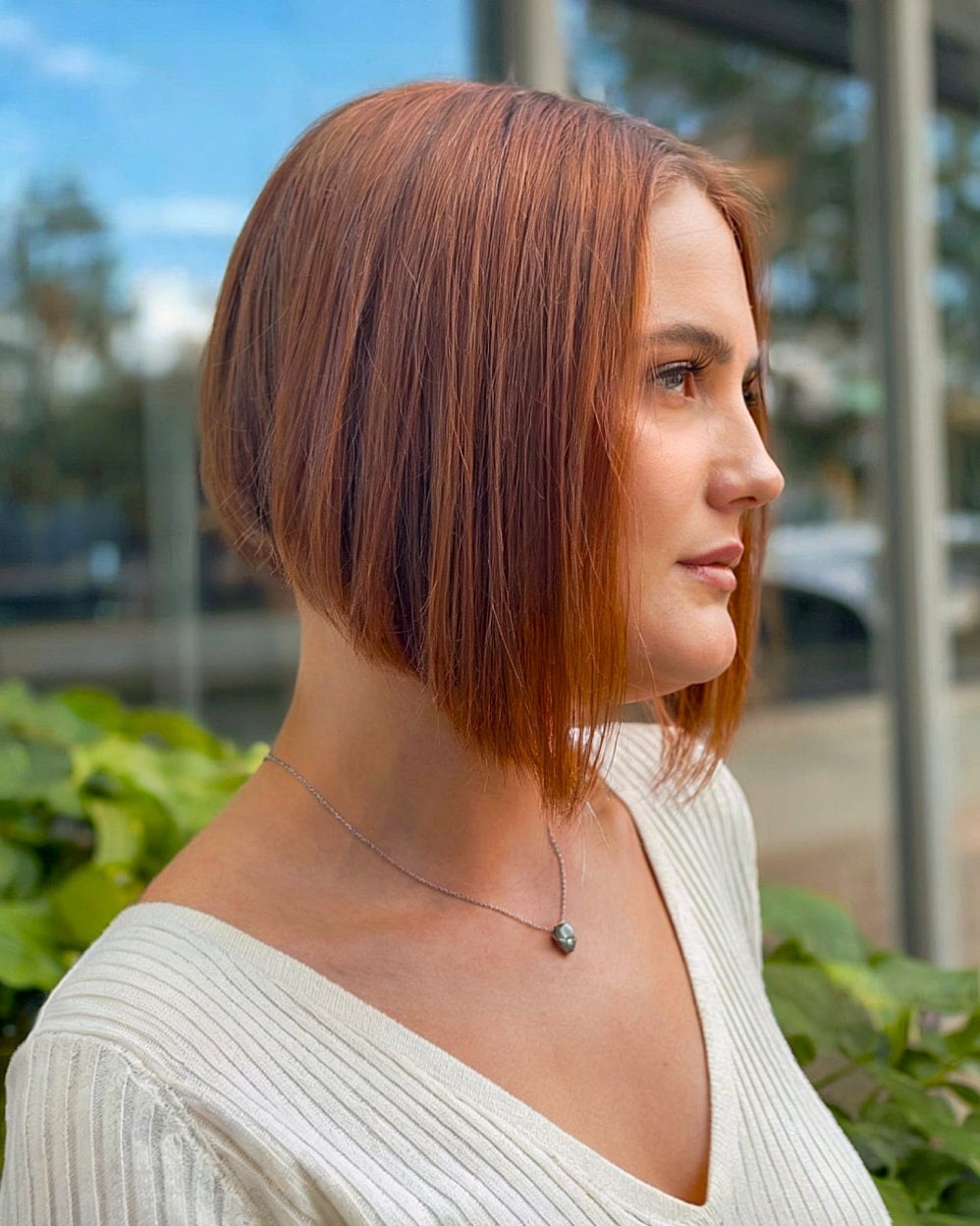 Red A-Line Bob With Copper Highlights Red A-Line Bob With Copper Highlights — Classy A-Line Bob