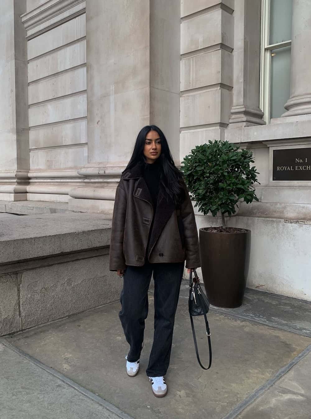 Brown Shearling Jacket Black Turtleneck and White, Close-Up Take Brown Shearling Jacket Black Turtleneck and White, Close-Up Take — Classy Adidas Samba Outfits