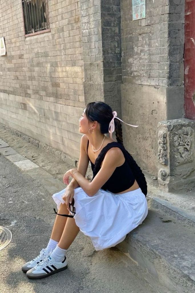 Black Crop Top White Skirt and White Adidas Sambas Black Crop Top White Skirt and White Adidas Sambas — Classy Adidas Samba Outfits