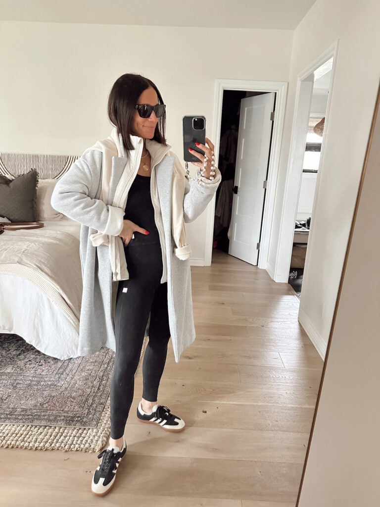 Gray Cardigan Black Leggings and Black White Adidas Sambas Gray Cardigan Black Leggings and Black White Adidas Sambas — Classy Adidas Samba Outfits