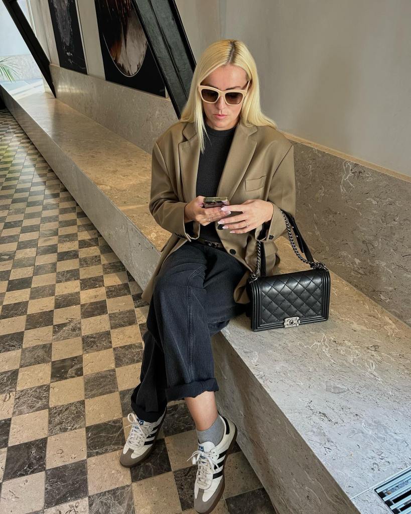 Brown Blazer Black Jeans and Gray White Adidas Sambas Brown Blazer Black Jeans and Gray White Adidas Sambas — Classy Adidas Samba Outfits