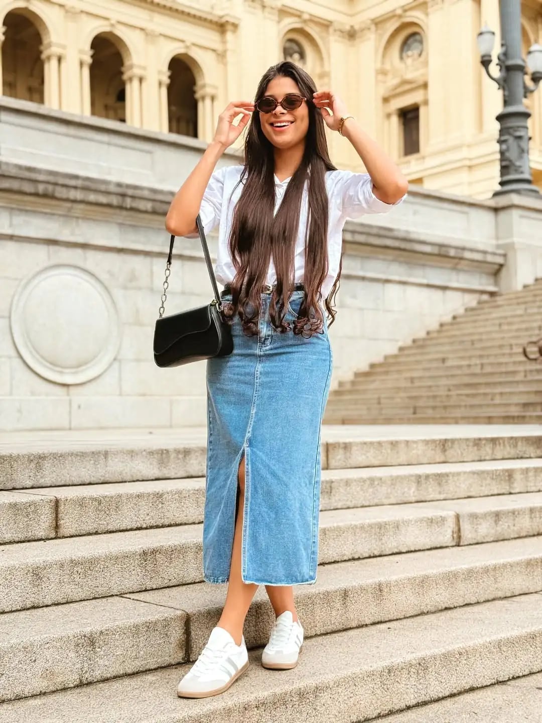 Denim Midi Skirt White T-shirt and White Adidas Sambas Denim Midi Skirt White T-shirt and White Adidas Sambas — Classy Adidas Samba Outfits