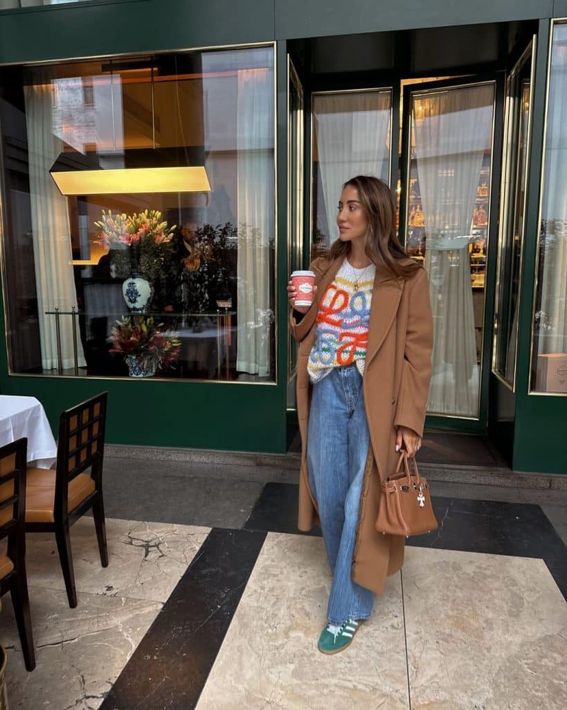 Camel Coat Colorful Sweater and Green Adidas Sambas Camel Coat Colorful Sweater and Green Adidas Sambas — Classy Adidas Samba Outfits