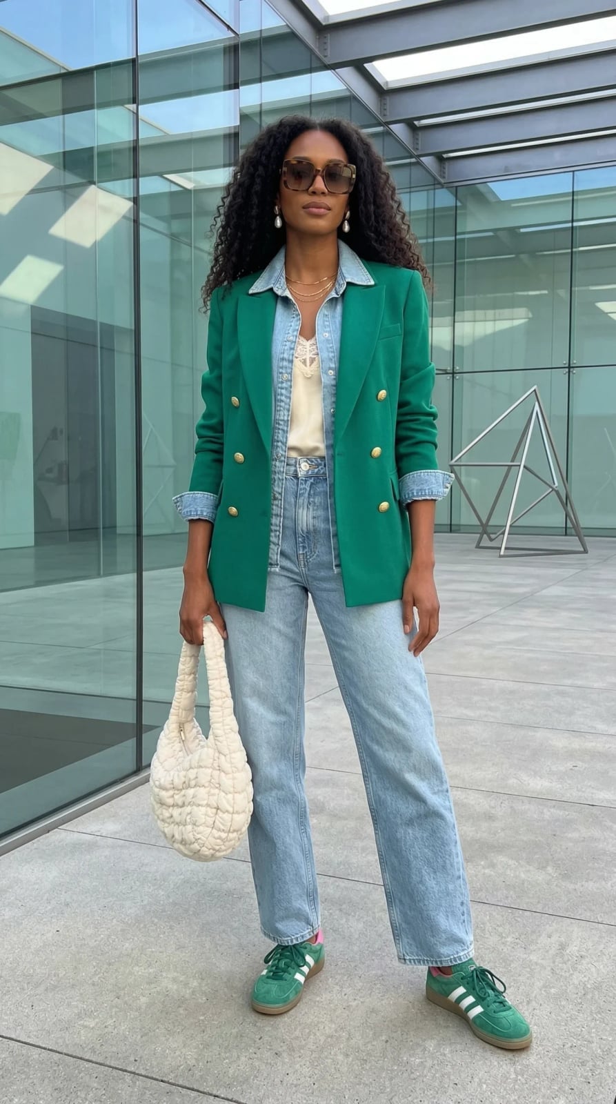 Green Blazer Denim Jeans and Green Adidas Sambas Green Blazer Denim Jeans and Green Adidas Sambas — Classy Adidas Samba Outfits