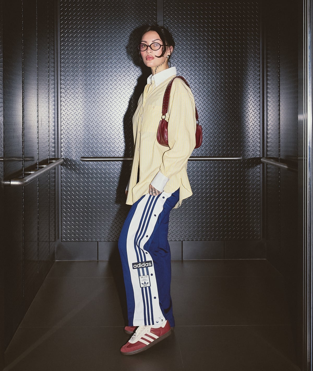Striped Button-Down Track Pants and Red Adidas, Office-Safe Version Striped Button-Down Track Pants and Red Adidas, Office-Safe Version — Classy Adidas Samba Outfits
