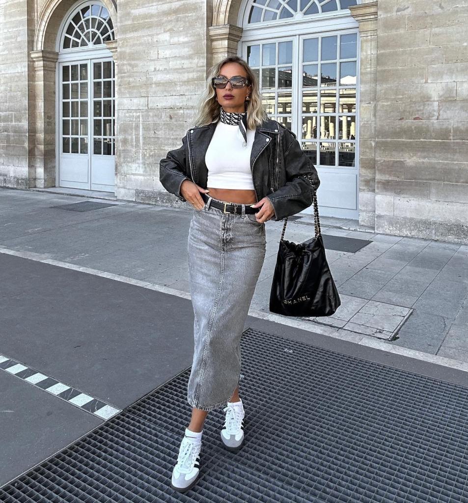 Biker Jacket Denim Midi Skirt and White Adidas, Everyday Version Biker Jacket Denim Midi Skirt and White Adidas, Everyday Version — Classy Adidas Samba Outfits