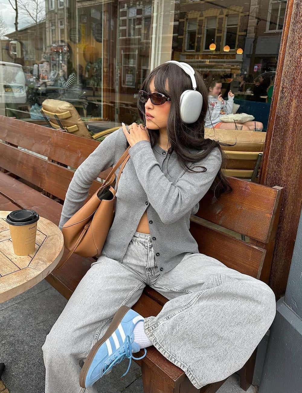 Gray Cardigan Wide-Leg Jeans and Light Blue Adidas Sambas Gray Cardigan Wide-Leg Jeans and Light Blue Adidas Sambas — Classy Adidas Samba Outfits