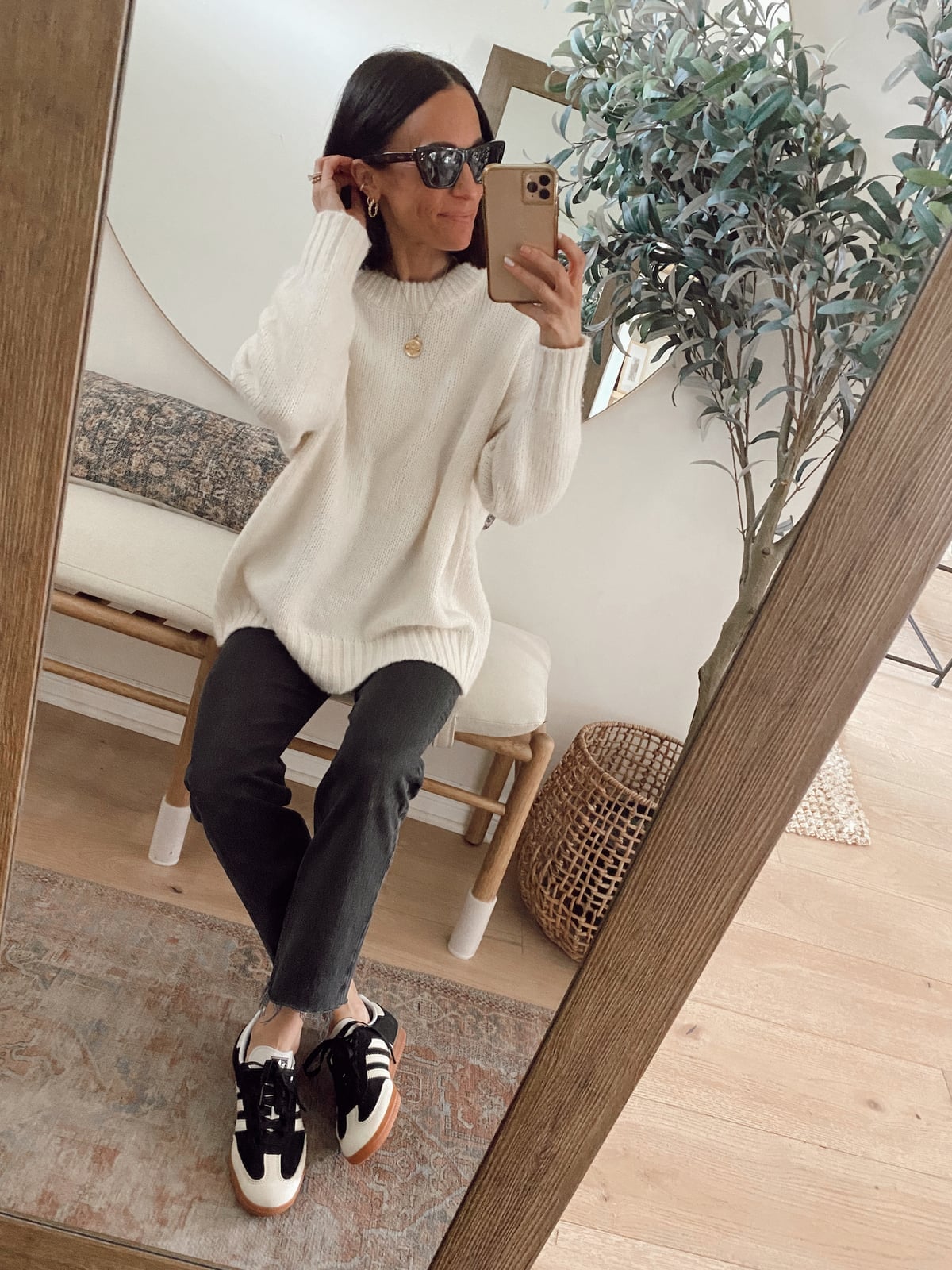 Cream Knit Sweater Charcoal Trousers and Black White Adidas Sambas Cream Knit Sweater Charcoal Trousers and Black White Adidas Sambas — Classy Adidas Samba Outfits