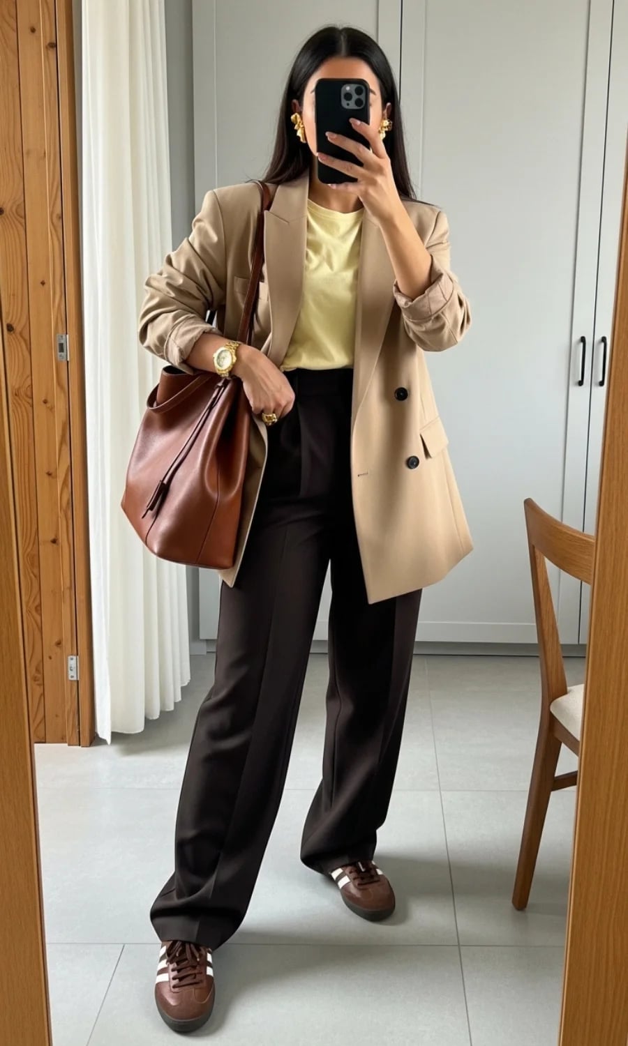 Beige Blazer Yellow T-shirt and Brown Adidas Sambas Beige Blazer Yellow T-shirt and Brown Adidas Sambas — Classy Adidas Samba Outfits