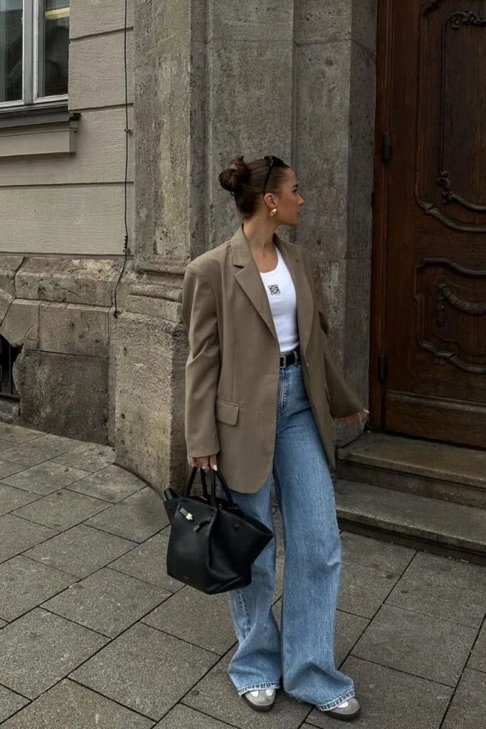 Beige Oversized Blazer White Tank and Silver, Office-Safe Version Beige Oversized Blazer White Tank and Silver, Office-Safe Version — Classy Adidas Samba Outfits