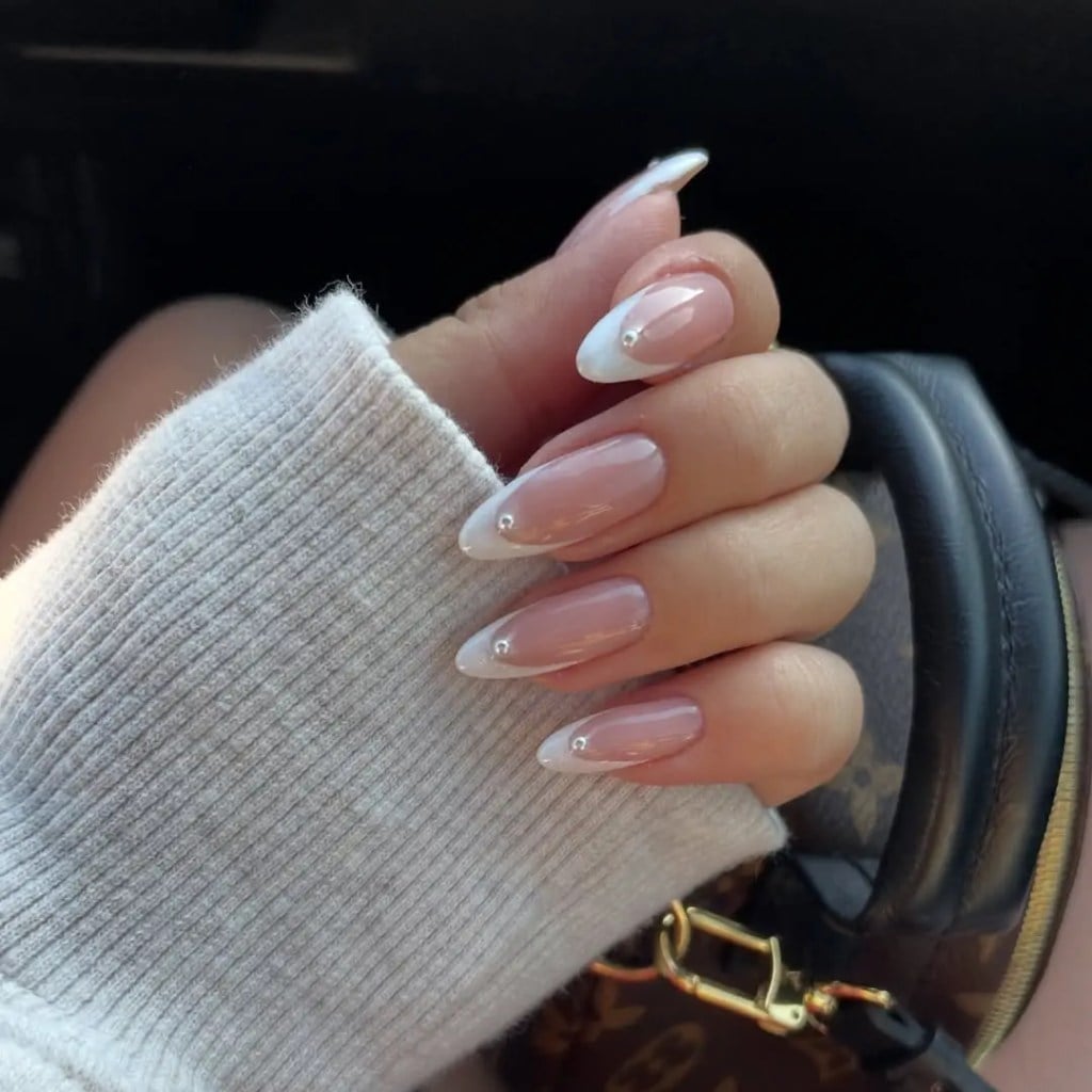 Nude Pearl Accent French Almond Nails Nude Pearl Accent French Almond Nails — Classy Almond French Tip Nails