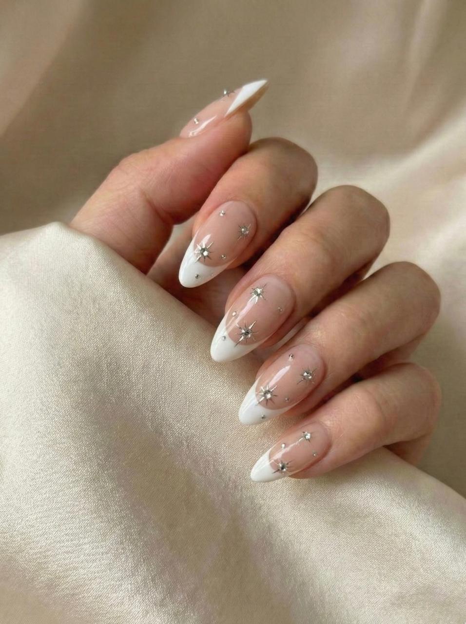 Pink French Tips With Star Rhinestones Pink French Tips With Star Rhinestones — Classy Almond French Tip Nails