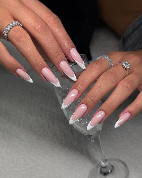 Pink Pearl Accent French Almond Nails Pink Pearl Accent French Almond Nails — Classy Almond French Tip Nails
