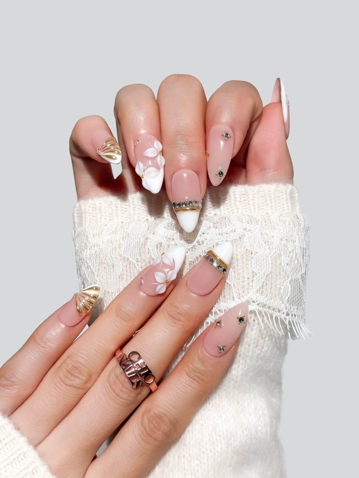 Pink 3D Flower Gold Accent French Almond Pink 3D Flower Gold Accent French Almond — Classy Almond French Tip Nails
