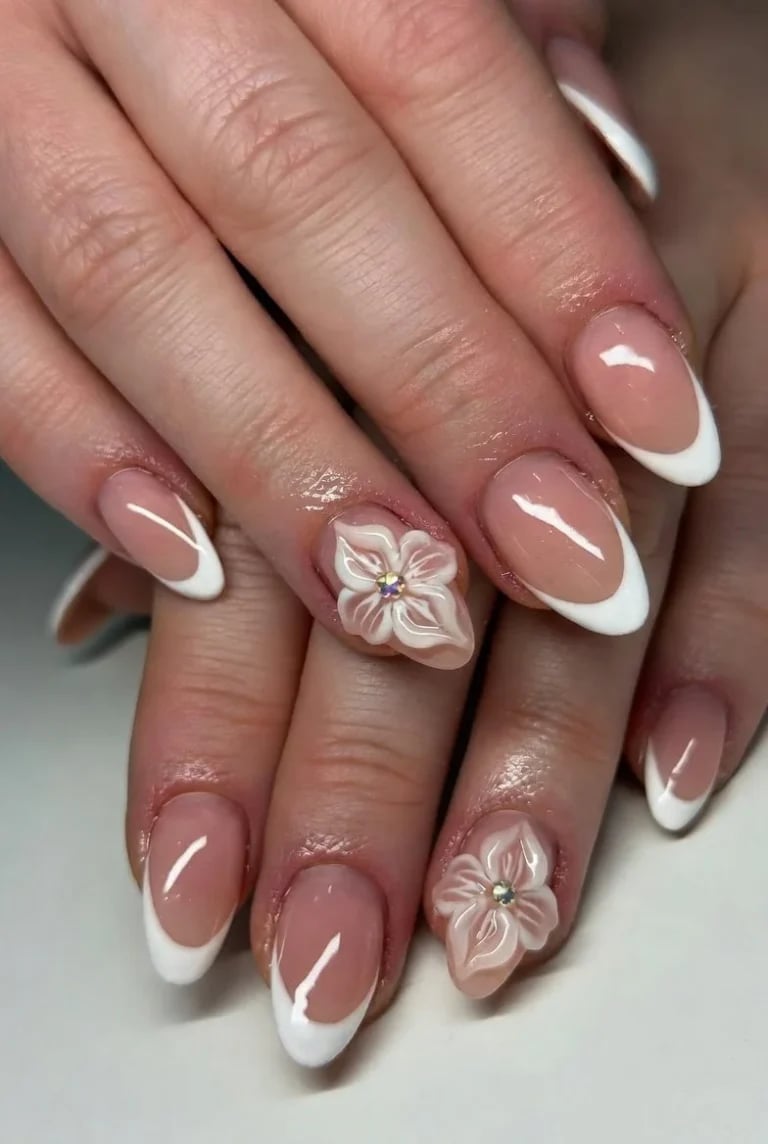 Pink 3D Floral French Almond Nails Pink 3D Floral French Almond Nails — Classy Almond French Tip Nails