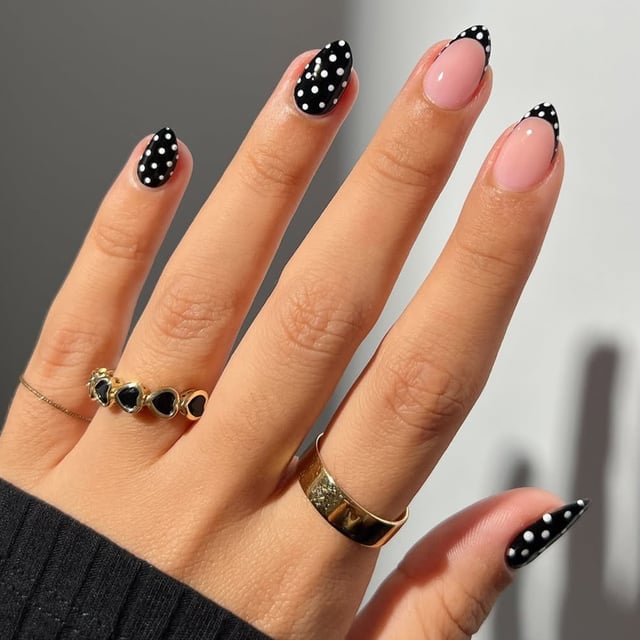 Black French Tip Polka Dot Almond Nails Black French Tip Polka Dot Almond Nails — Classy Almond French Tip Nails