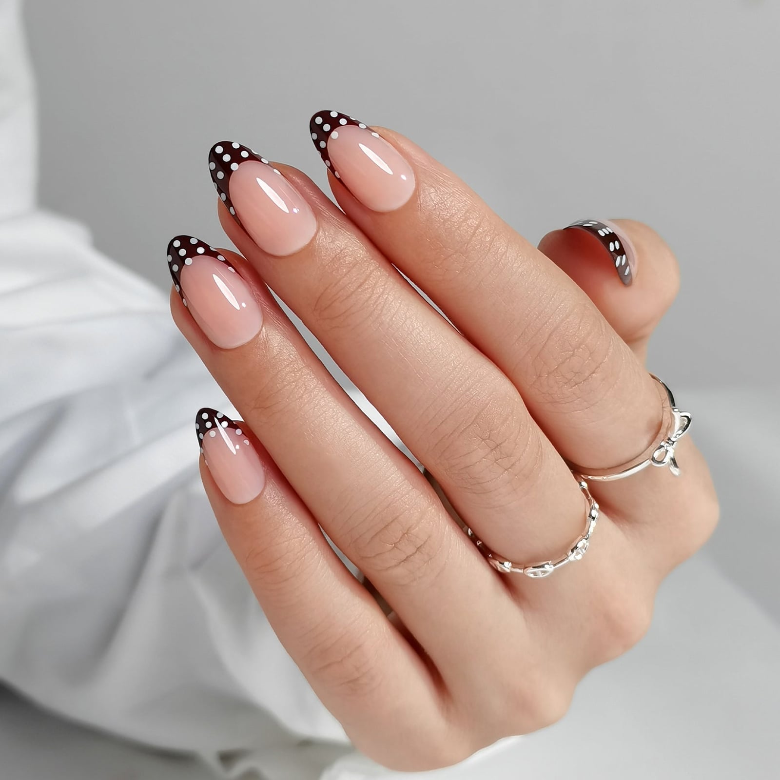Brown Polka Dot French Short Almond Brown Polka Dot French Short Almond — Classy Almond French Tip Nails