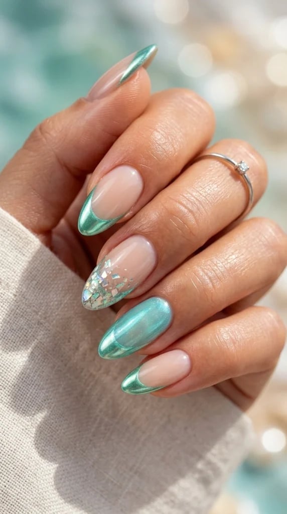 Long Almond Chrome Green French Tips Long Almond Chrome Green French Tips — Classy Almond French Tip Nails