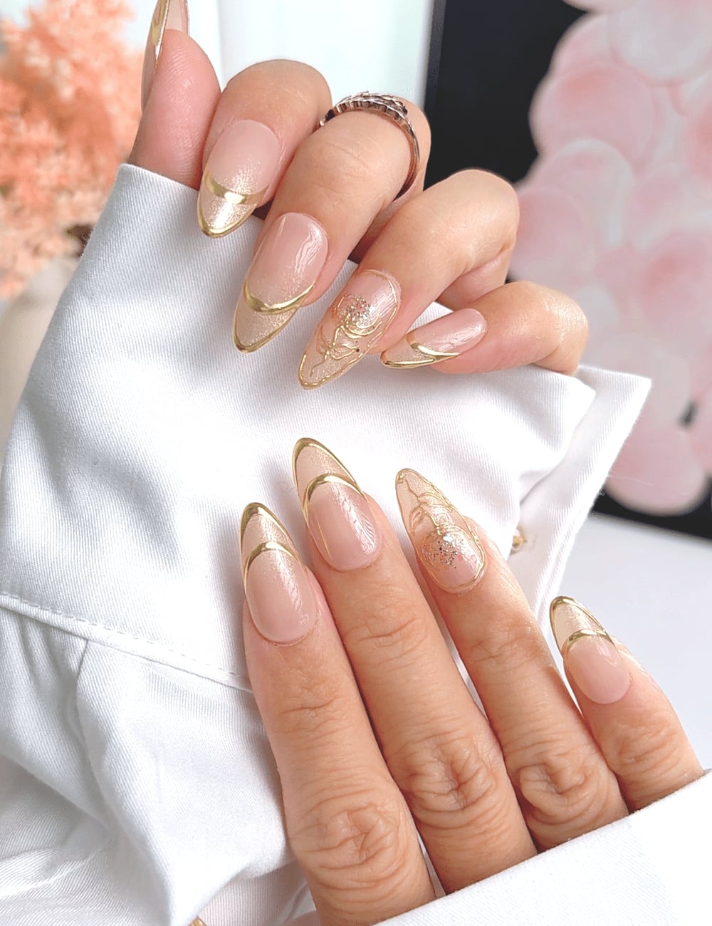 Medium Almond Gold Line Pattern Nails Medium Almond Gold Line Pattern Nails — Classy Almond French Tip Nails