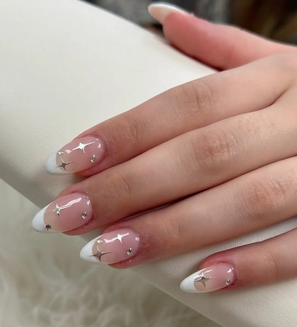 Pink Silver Star Rhinestone French Almond Pink Silver Star Rhinestone French Almond — Classy Almond French Tip Nails